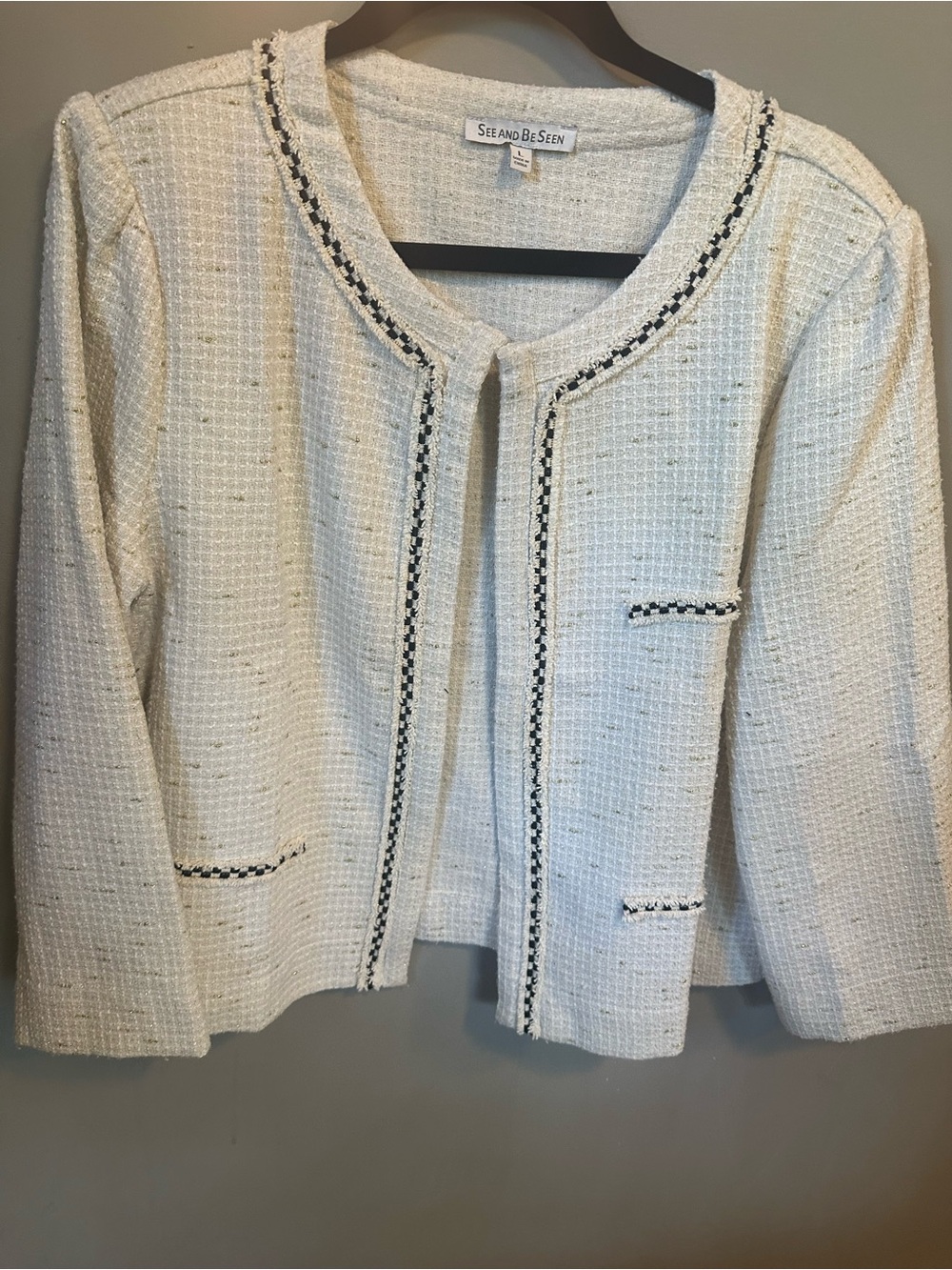 Cream Tweed Collarless Blazer with Black Trim
